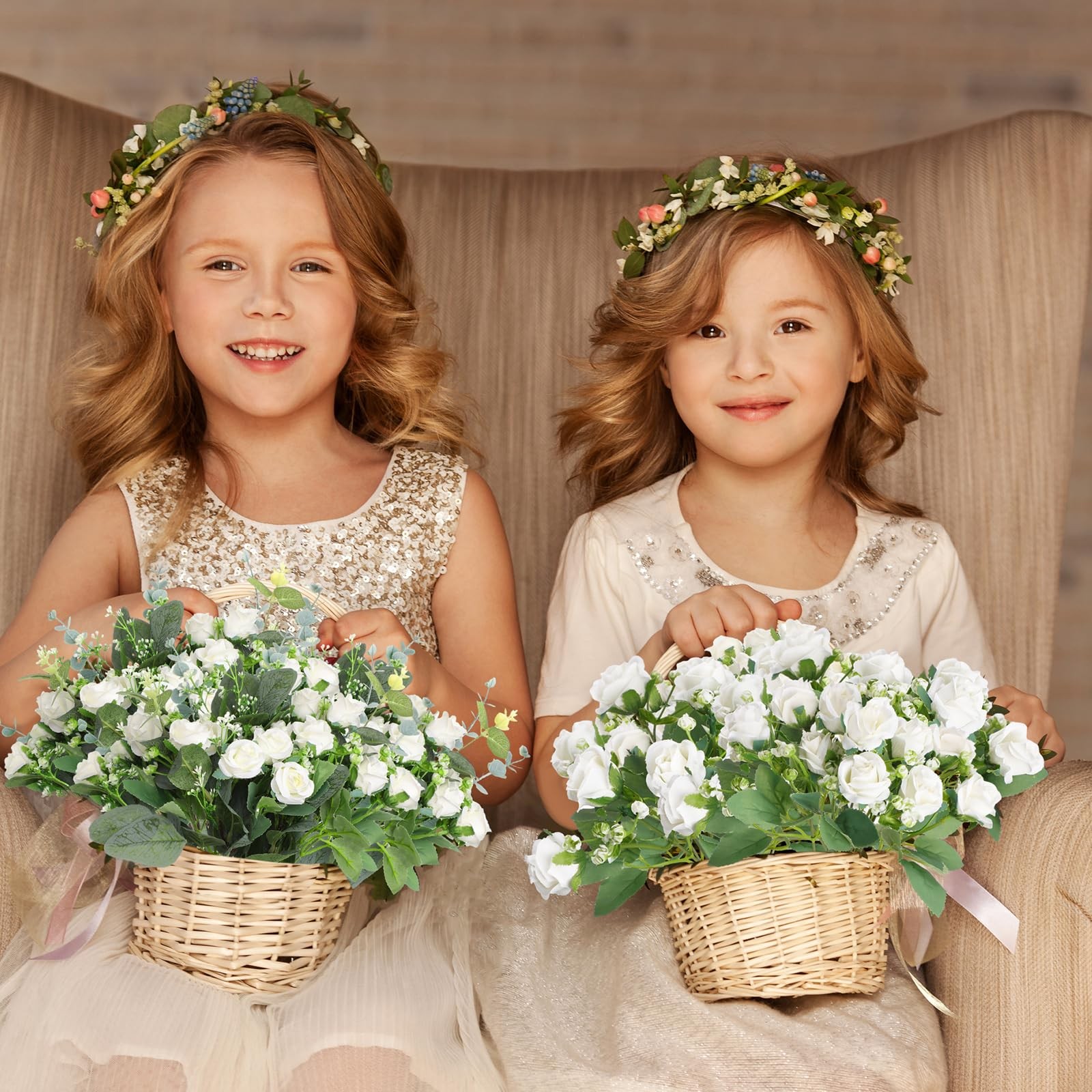 Set of 6 Bridesmaid Bouquets with White Roses and Eucalyptus Stems for Weddings