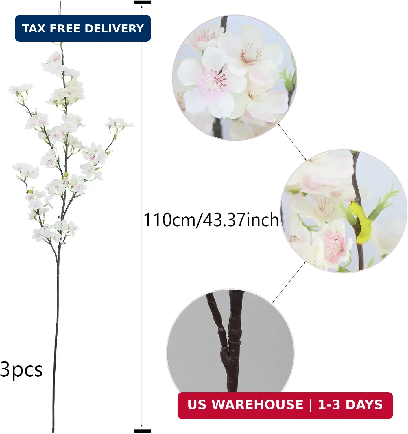 CISDUEO 3 Pcs Artificial Cherry Blossom Flower Pink Silk Peach Flowers Bulk Plum