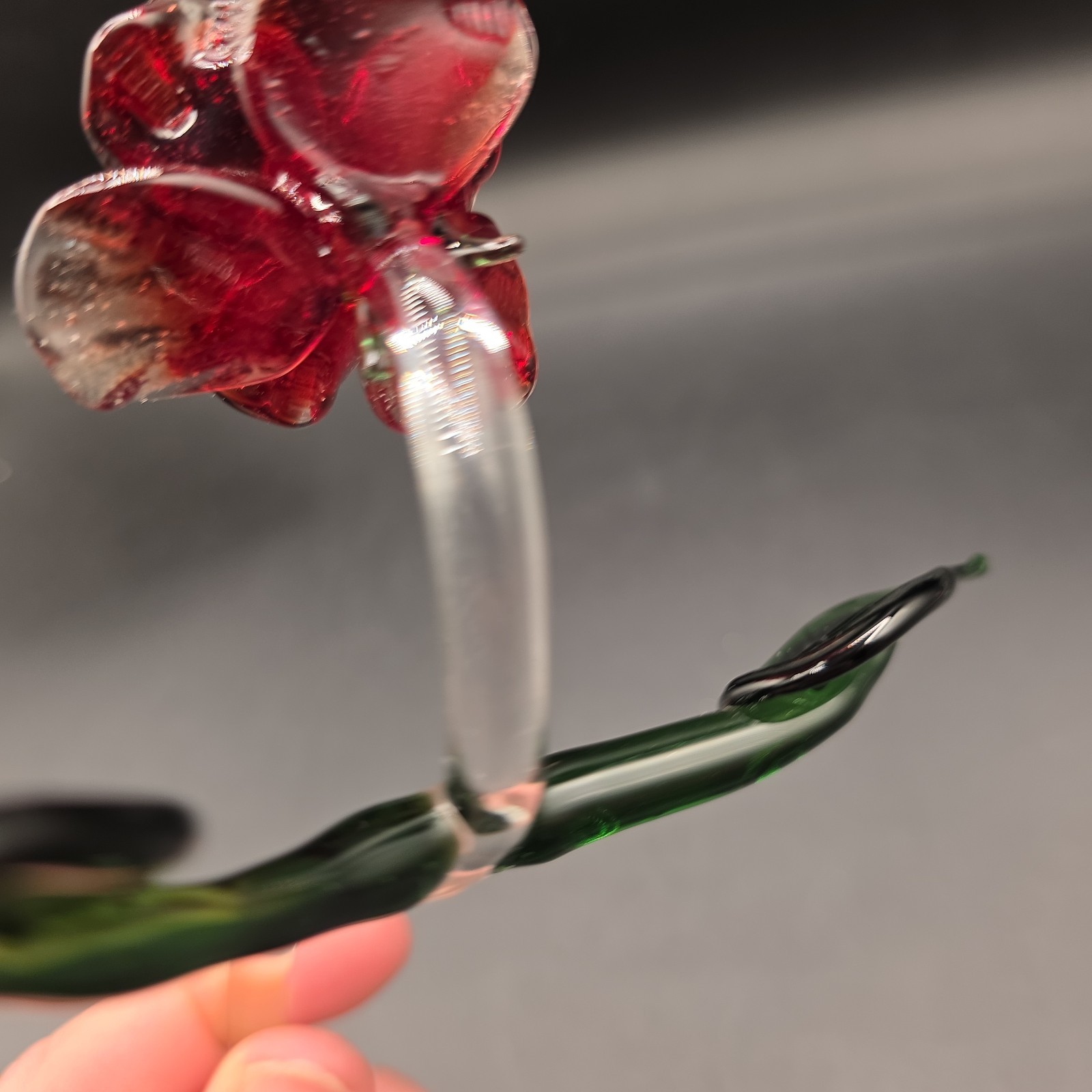 Glass Long Stem Red Rose with Green Leaves 10″ Applied Blown