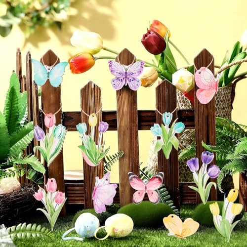 36pcs Spring Tulip Wooden Hanging Ornaments, Butterfly Flower Spring Tree
