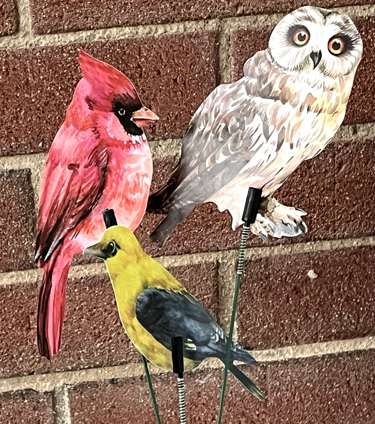 Colorful Bird Picks Lot of 3 Plastic Birds on Wire Stems Owl, Cardinal, Oriole