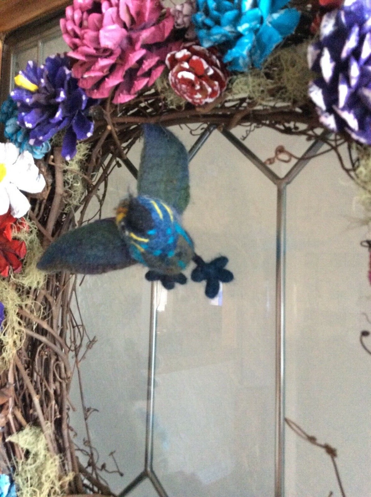 Pine cone Wreath, blue,pink, Purple Colors with wool tufted hummingbird