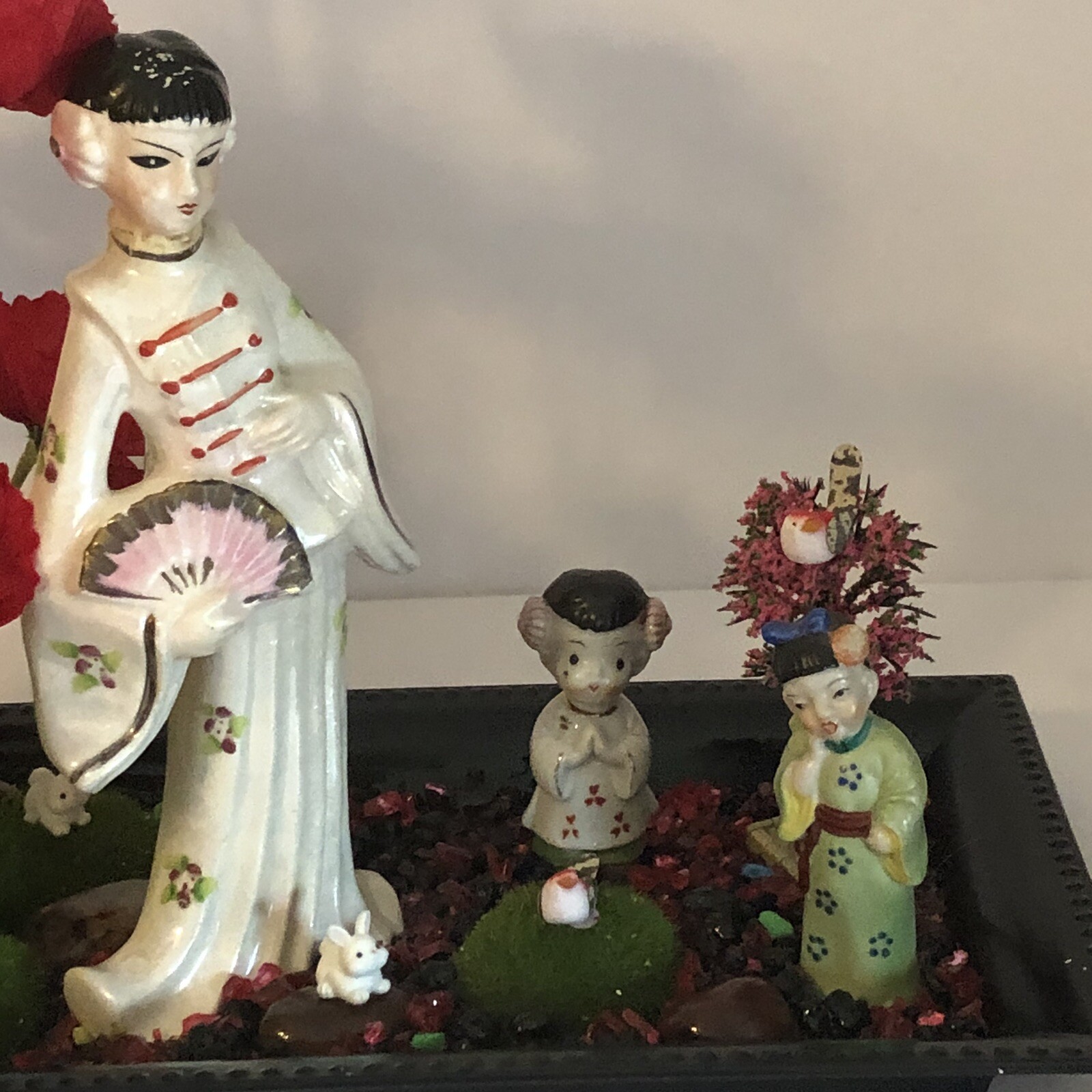 OOAK Asian Art Assemblage Geisha Garden Diorama Faux Poppies Home Decor