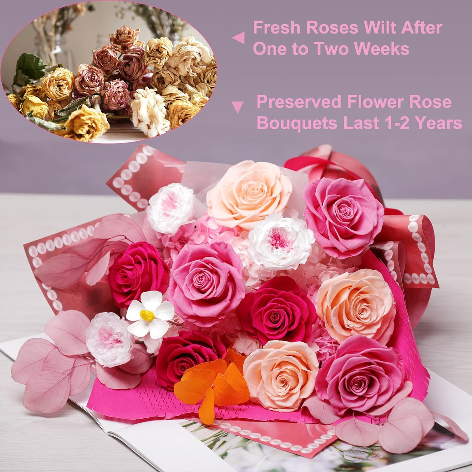 Preserved Flowers Bouquet 12 Roses Mixed Flowers Gift for Her Mom Grandma