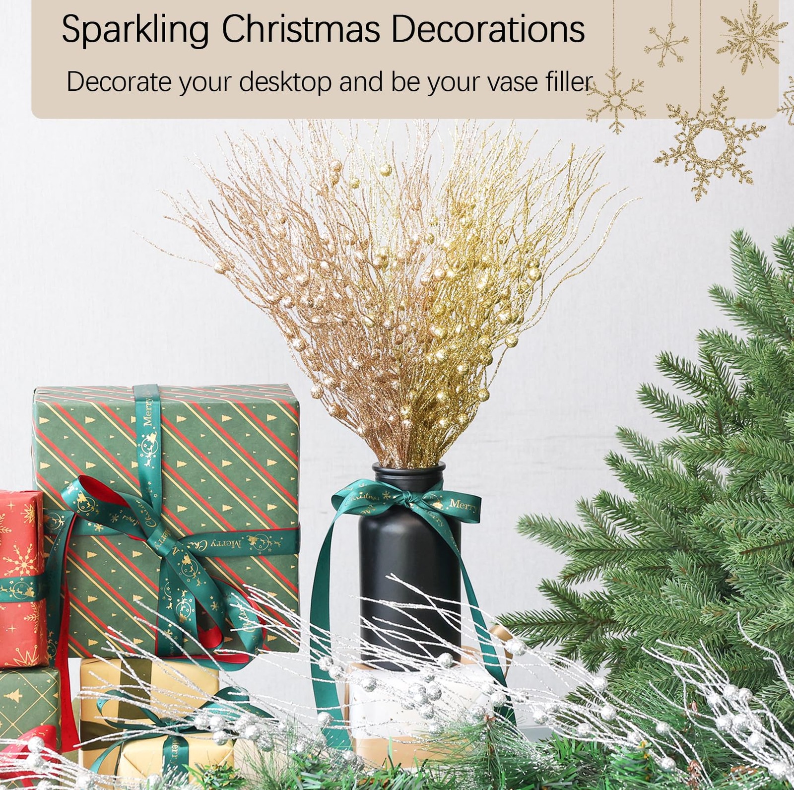 Artificial Glitter Berry Stem Ornaments, 10 Pack Decorative Bead Sticks, Chri…