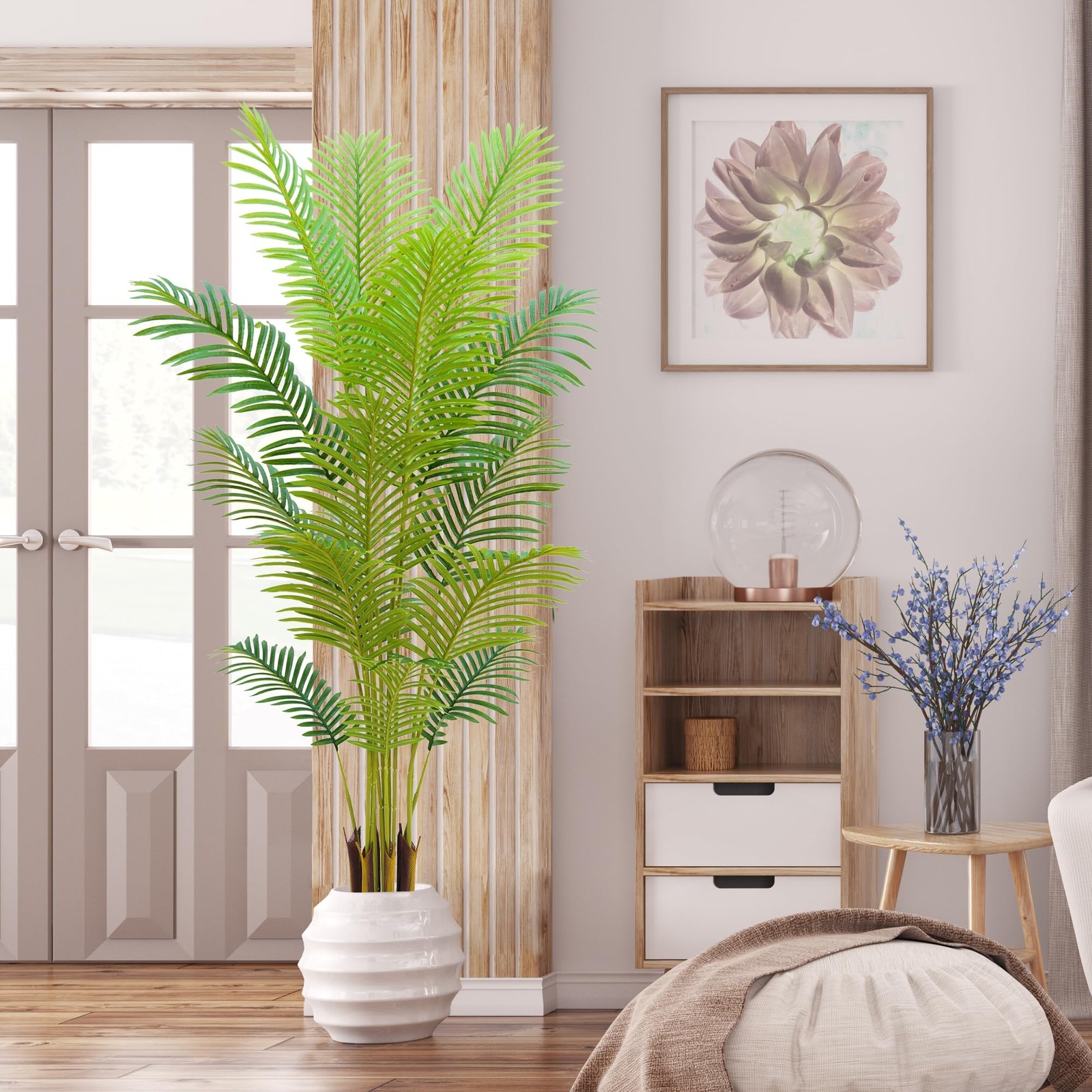 6FT Artificial Palm Tree Indoor with White Pot, Realistic Leaves, 15 Trunks A…