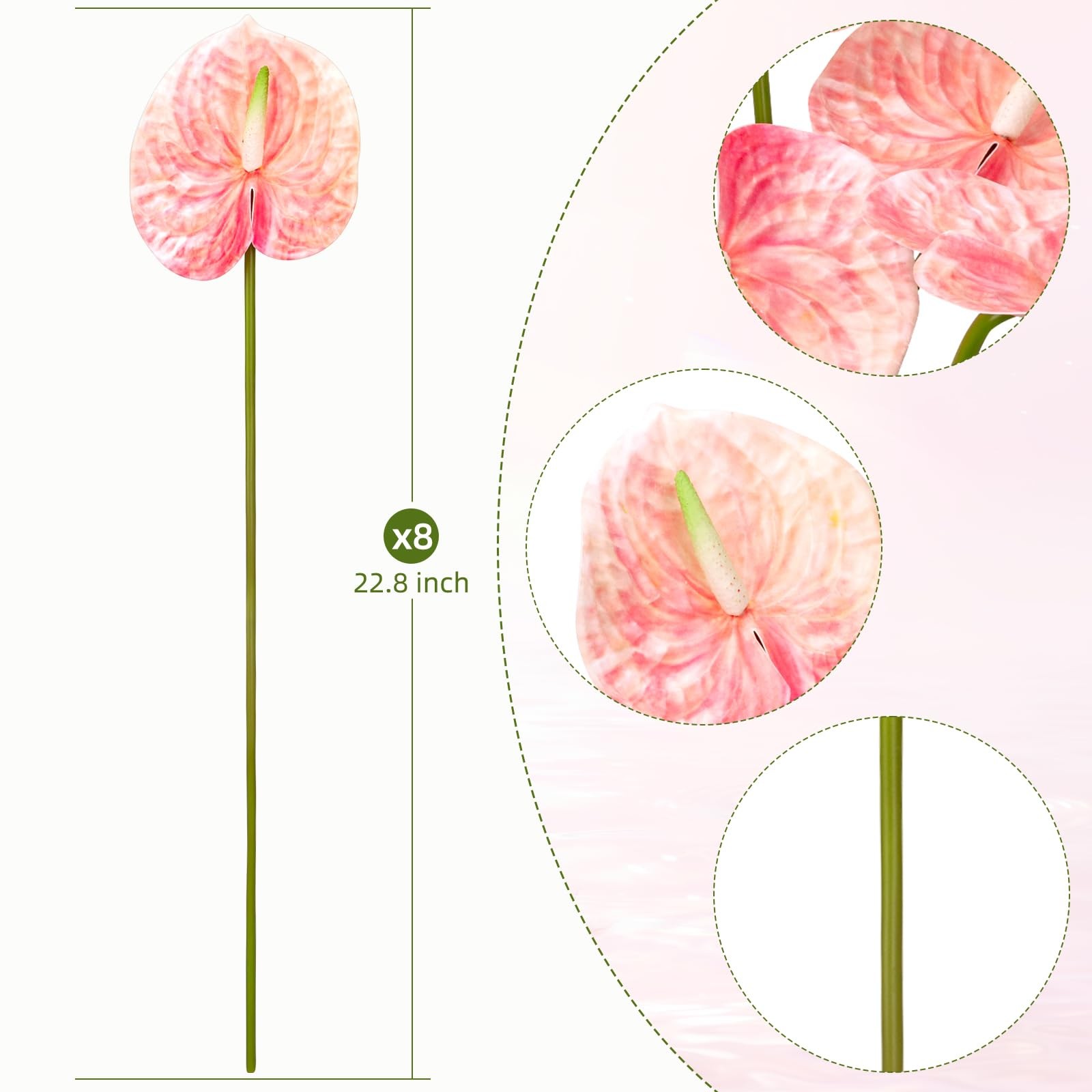 8PCS 22.8inch Anthurium Artificial Flowers Pink Faux Silk Anthurium Real Touc…