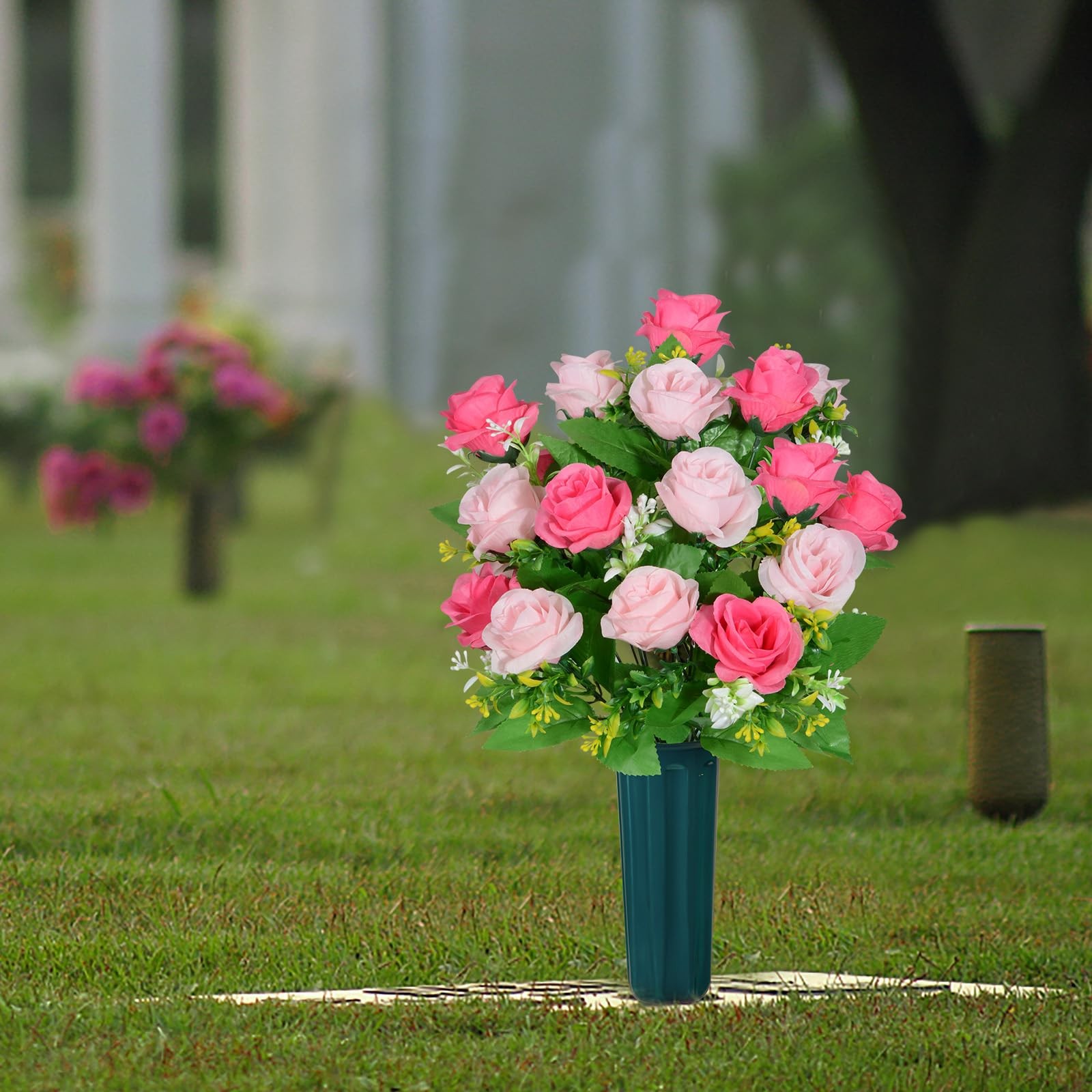 Artificial Cemetery Flowers with Vase, Headstone Flowers Rose Bouquet, Graveyard