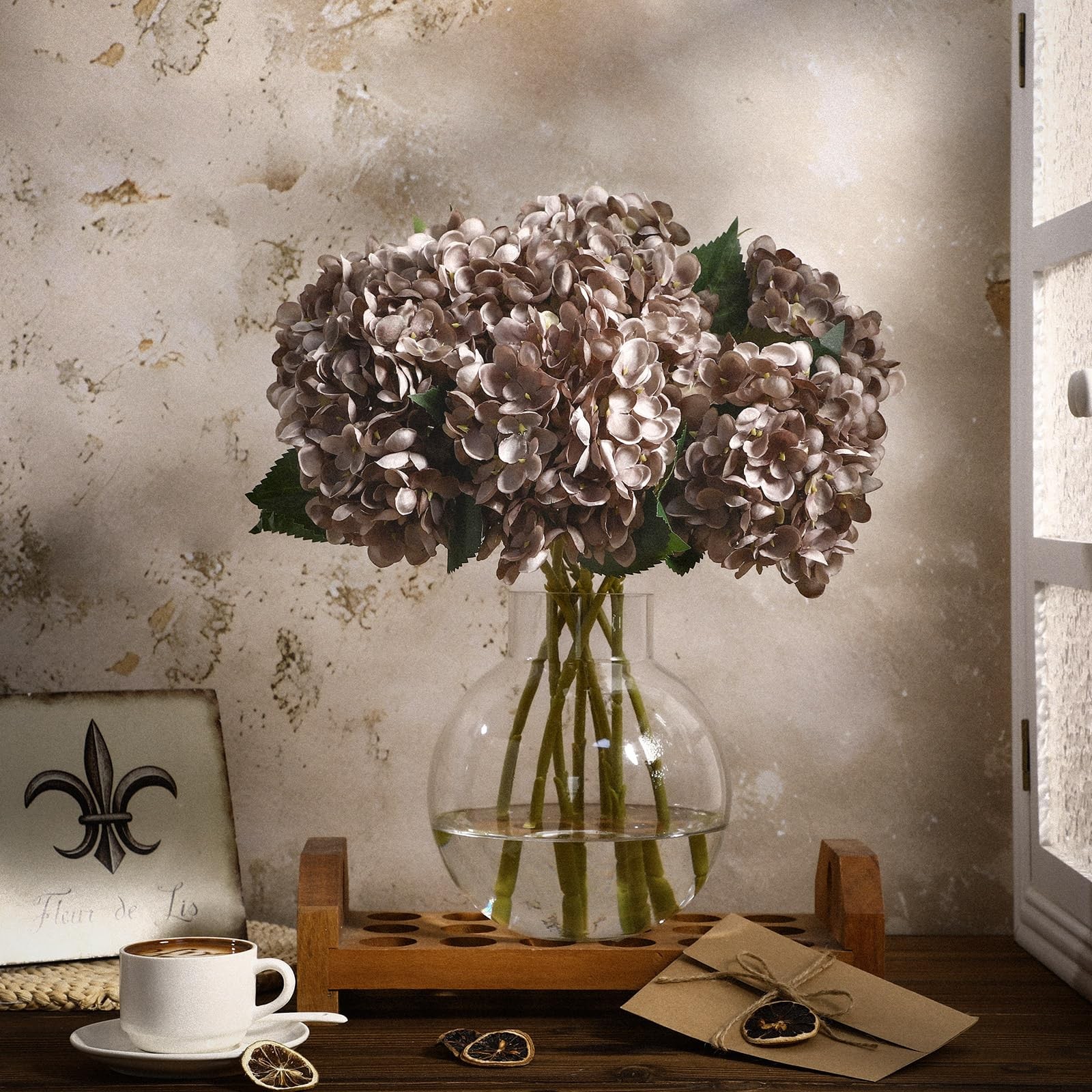 8 Pcs Coffee Brown Hydrangea Artificial Flowers 18 Inch Summer Faux Hydrangea…