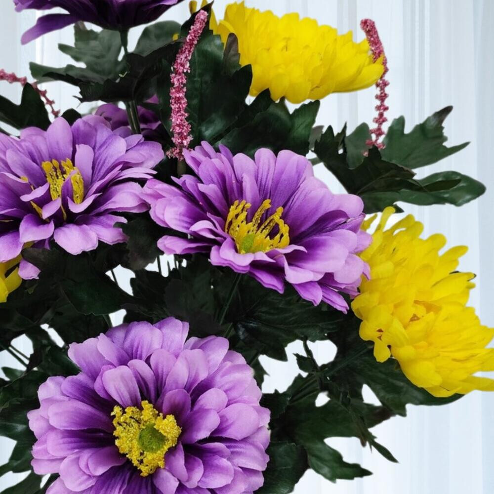 17″ Artificial Purple and Yellow Mum and Zinnia Floral Bush