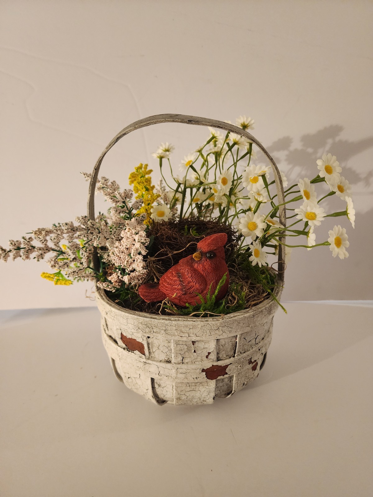 Artificial Bird Floral Arrangement In Crackled Apple Basket Summer Accent Piece
