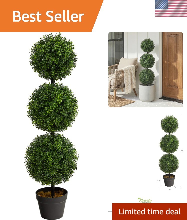 36in Artificial Triple Ball Boxwood Topiary Tree – Indoor Outdoor Realistic F…