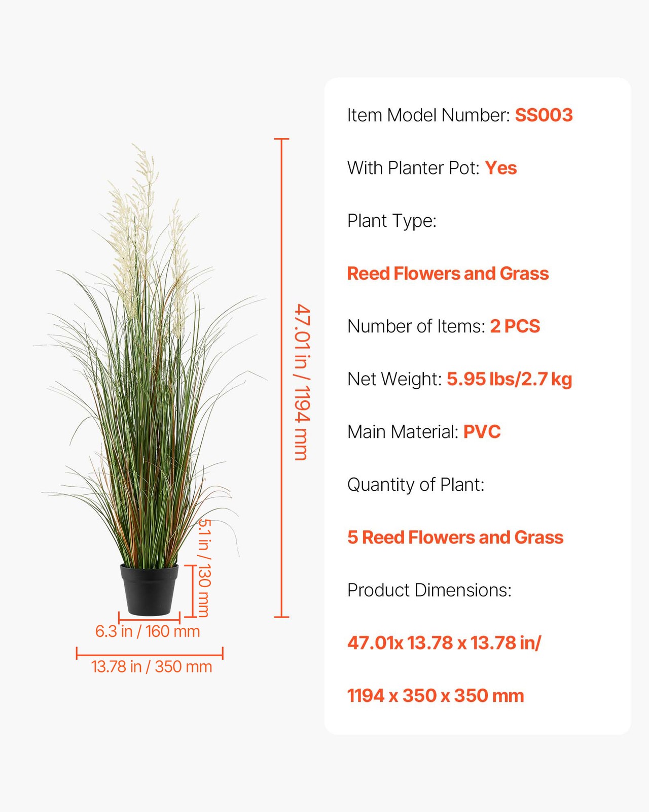 VEVOR Artificial Grass Plant 47 Inch Reed Flower Grass In Pot 2 Pack Green