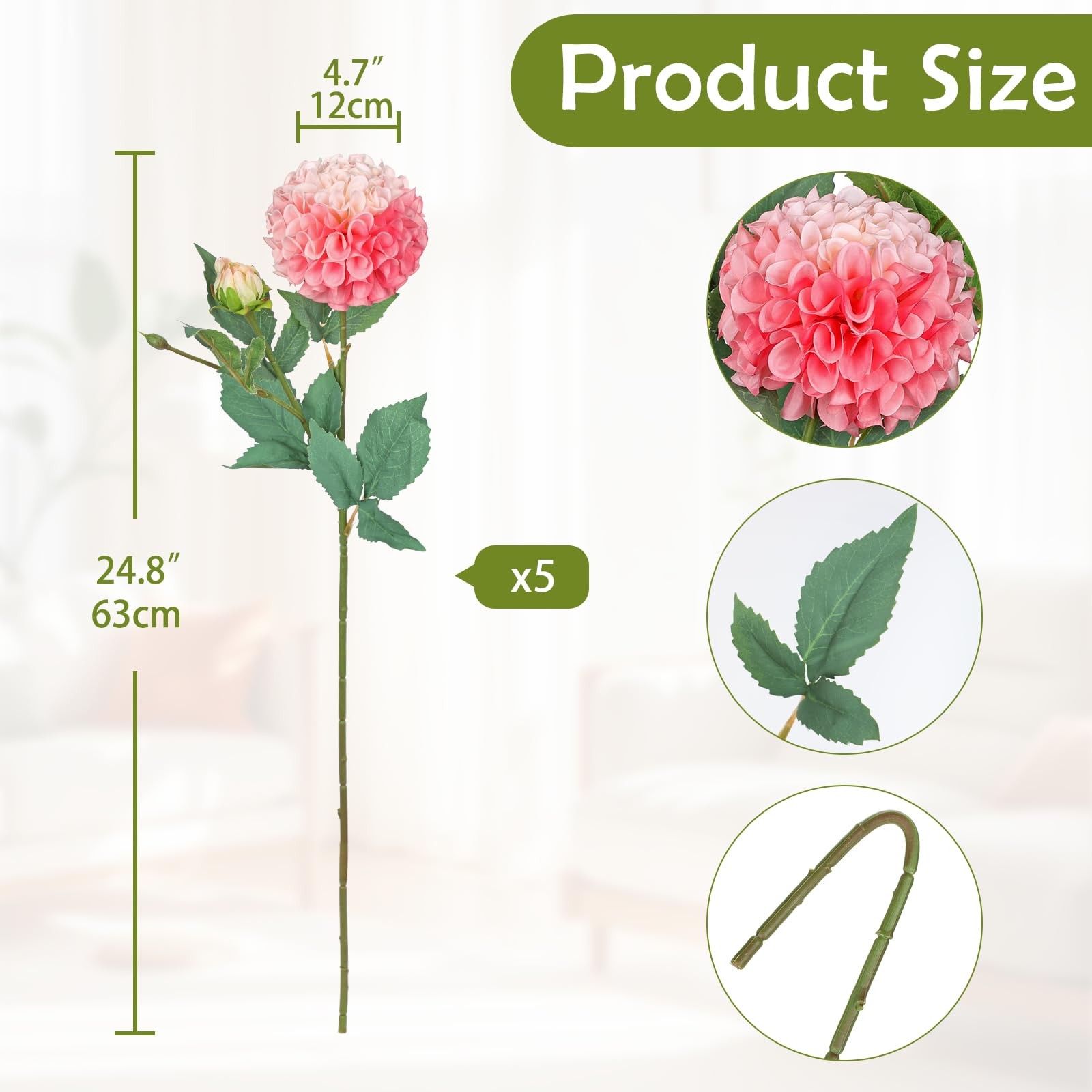 5PCS Dahlia Artificial Flowers 24.8″ Pink Fake Dahlias Silk Flowers Faux Rose…