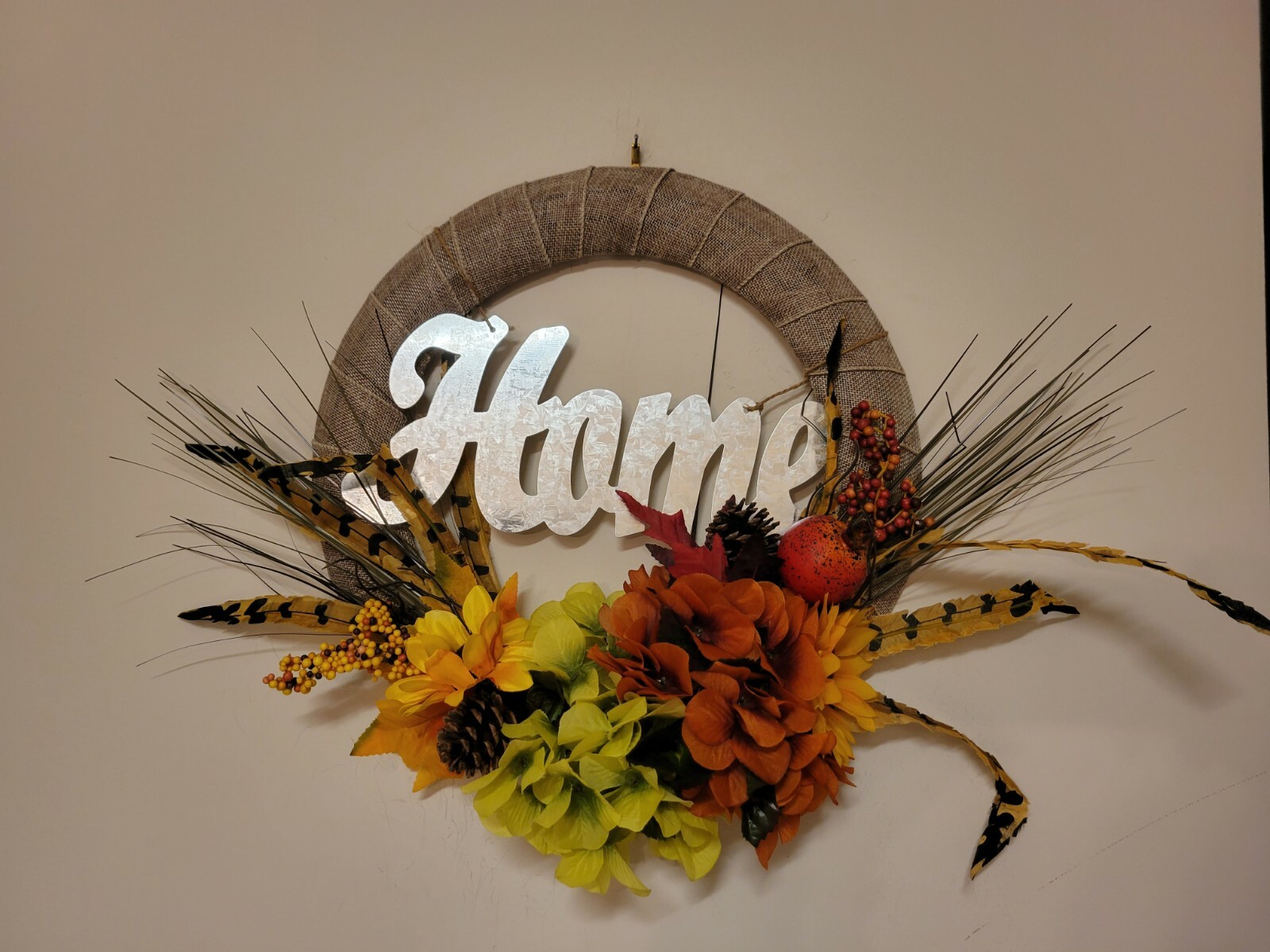 HOME Sunflower Hydrangeas Feather Mini Pomegranate burlap WREATH FALL Front Door
