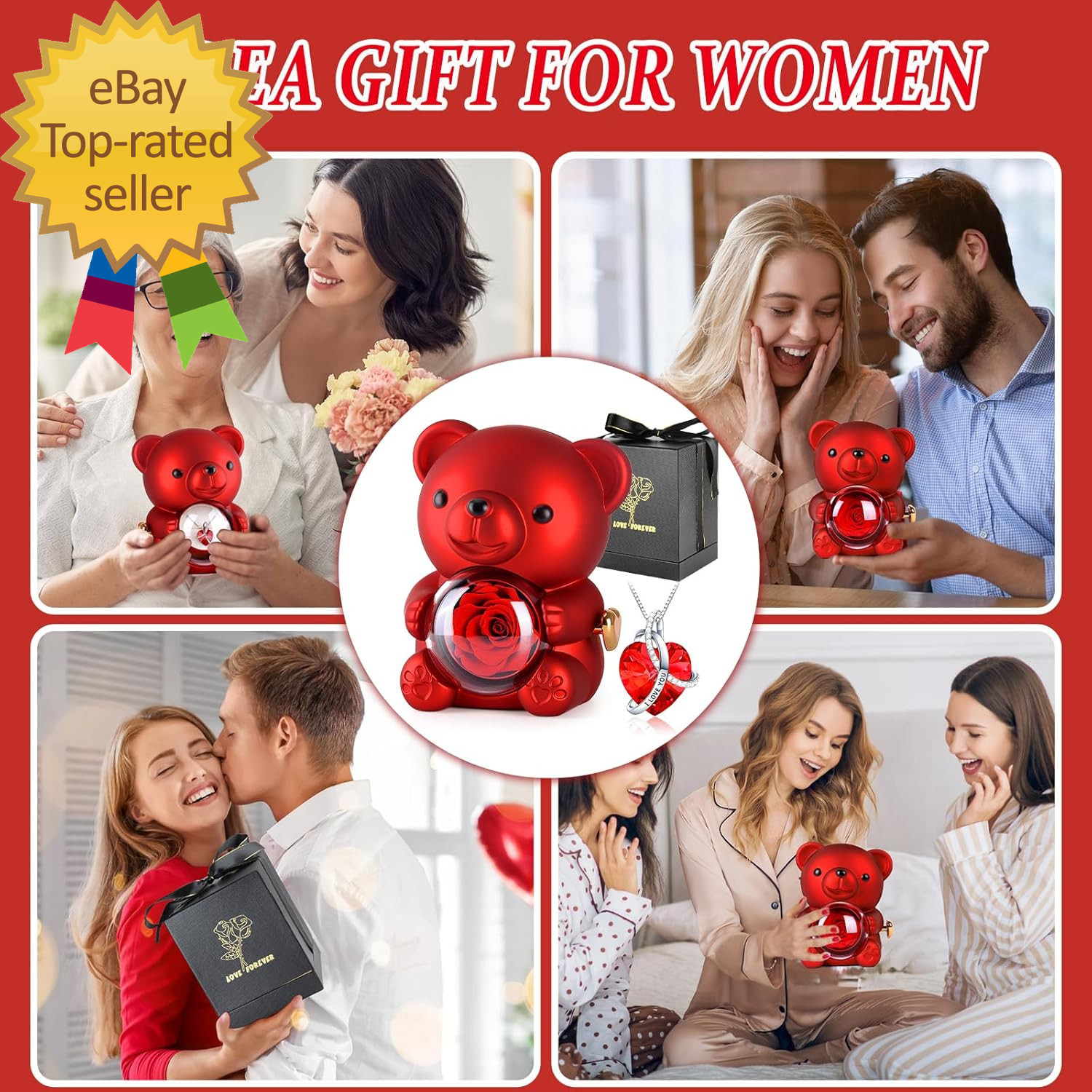Cute Teddy Bear Preserved Rose Eternal Flowers Rotating Rose Box with Necklace