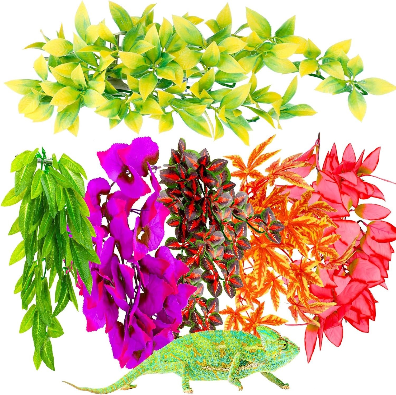 6 Pack of 12-Inch Reptile Habitat Silk Plants with Suction Cups for Easy Setup