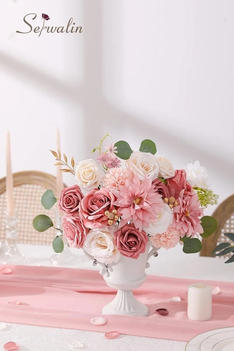 Luxury 2 Boxes Silk Pink Dahlia Roses Flowers For Wedding Bridal Bouquet