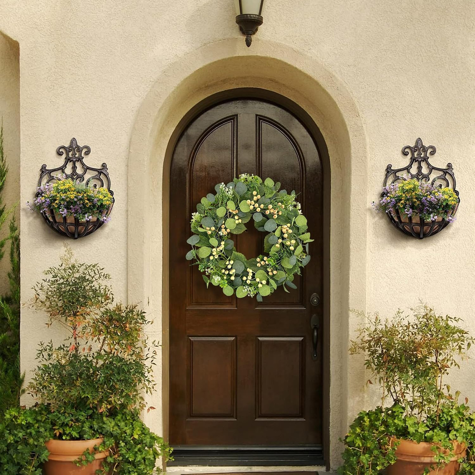 22 Inch Eucalyptus Wreath with Yellow Berries and Pink Sash for Front Door