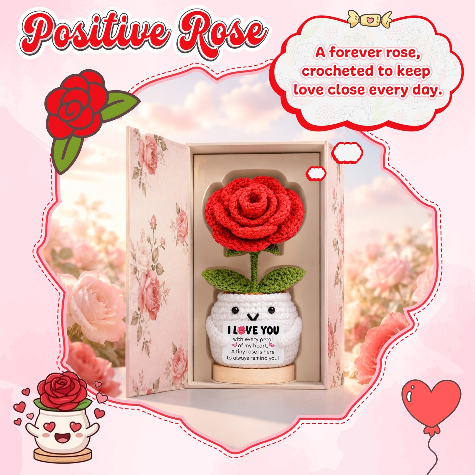 Positive Crochet Rose Flower Gift for Her, Romantic Anniversary Valentines Da…