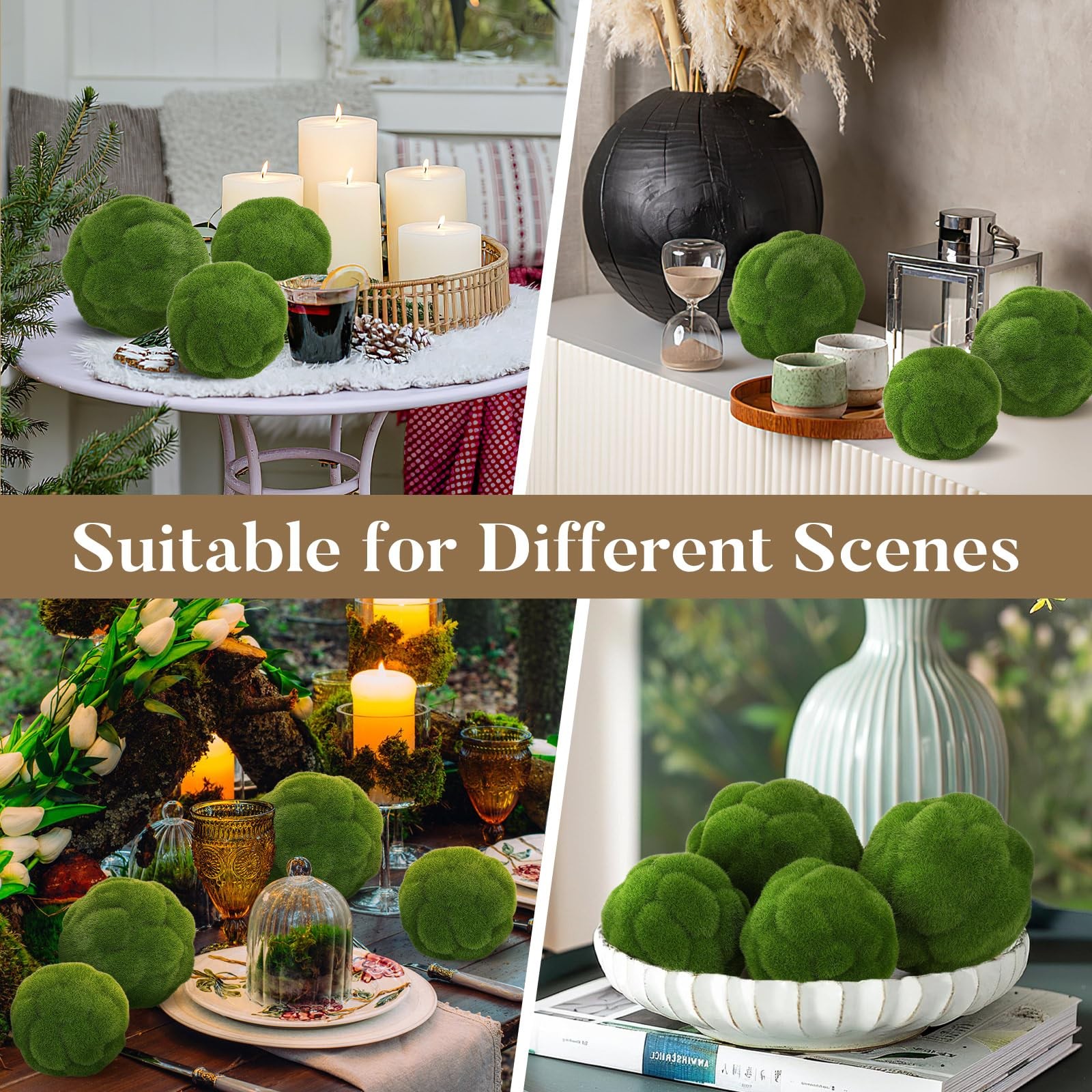 4 PCS Fake Green Moss Ball Flocked Decorative Rock Bowl Filler 4 & 4.7 Inch