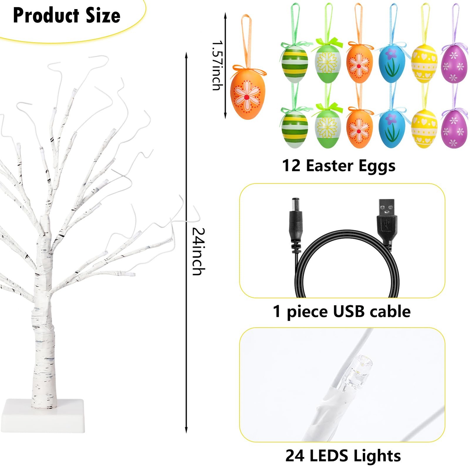 24″ Easter Lighted Birch Tree with 12pcs Ornaments,Warm White LEDs
