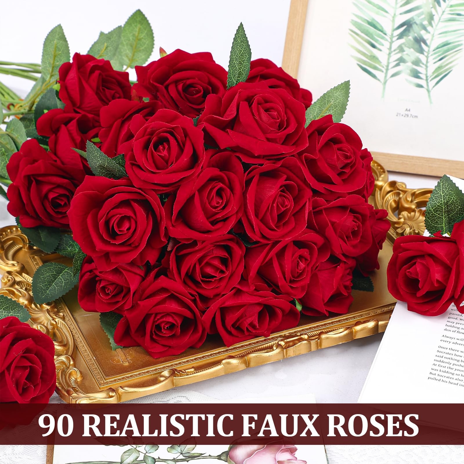 Ovveroche 90 Pcs Red Velvet Rose Artificial Flowers, 51cm Silk Wedding Fake S…
