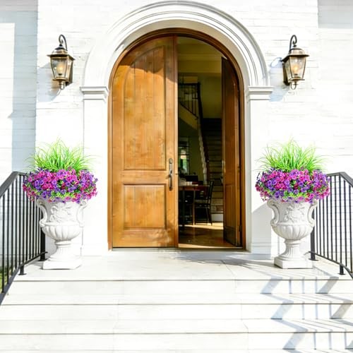 Artificial Flowers for Outdoors, 14 Bundles UV Resistant Fake Double Purple