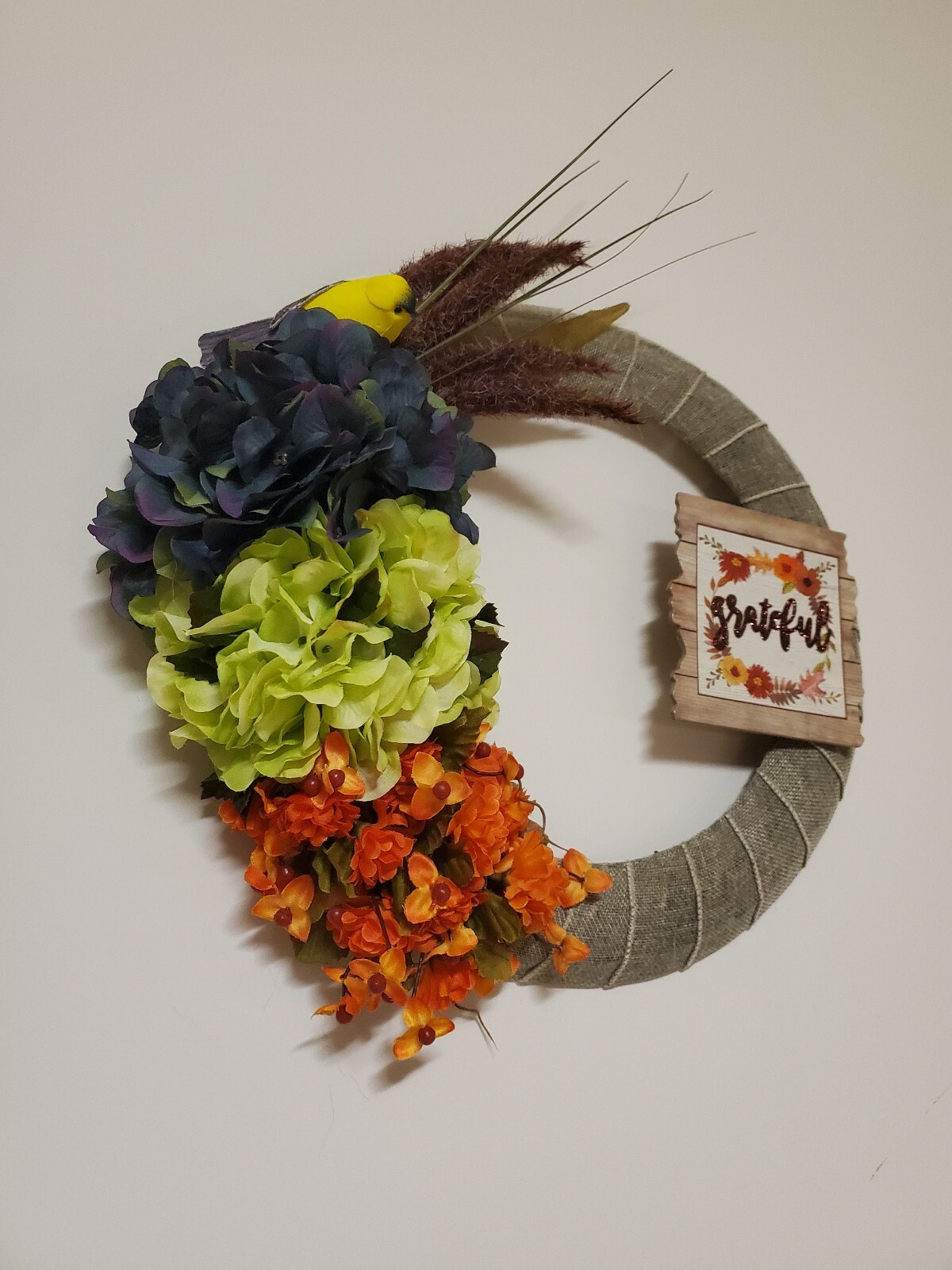 GRATEFUL wreath FLOWER Hydrangeas Foxtail burlap FALL autumn Decor Front Door 15