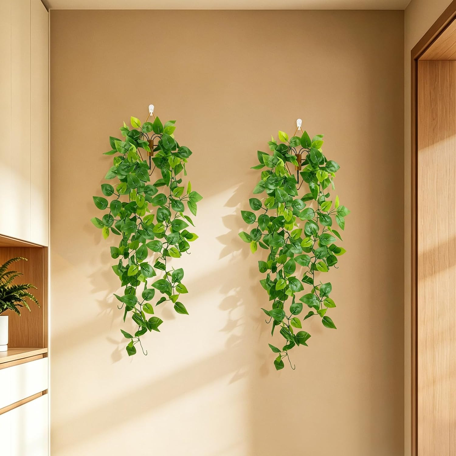 2 Pack Artificial Hanging Plants with Wall Planter, Faux Pothos Vines Fake Hangi