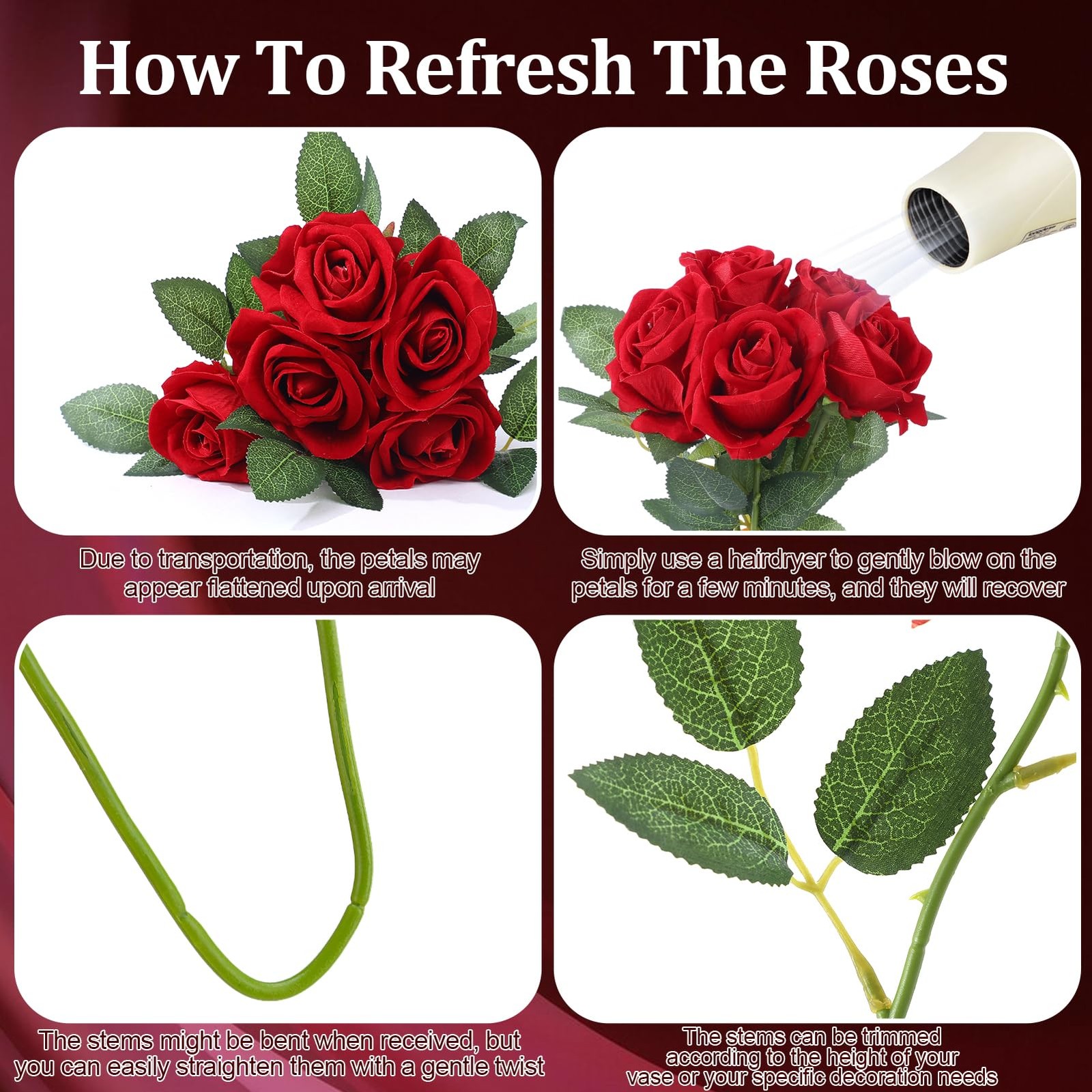 Ovveroche 90 Pcs Red Velvet Rose Artificial Flowers, 51cm Silk Wedding Fake S…
