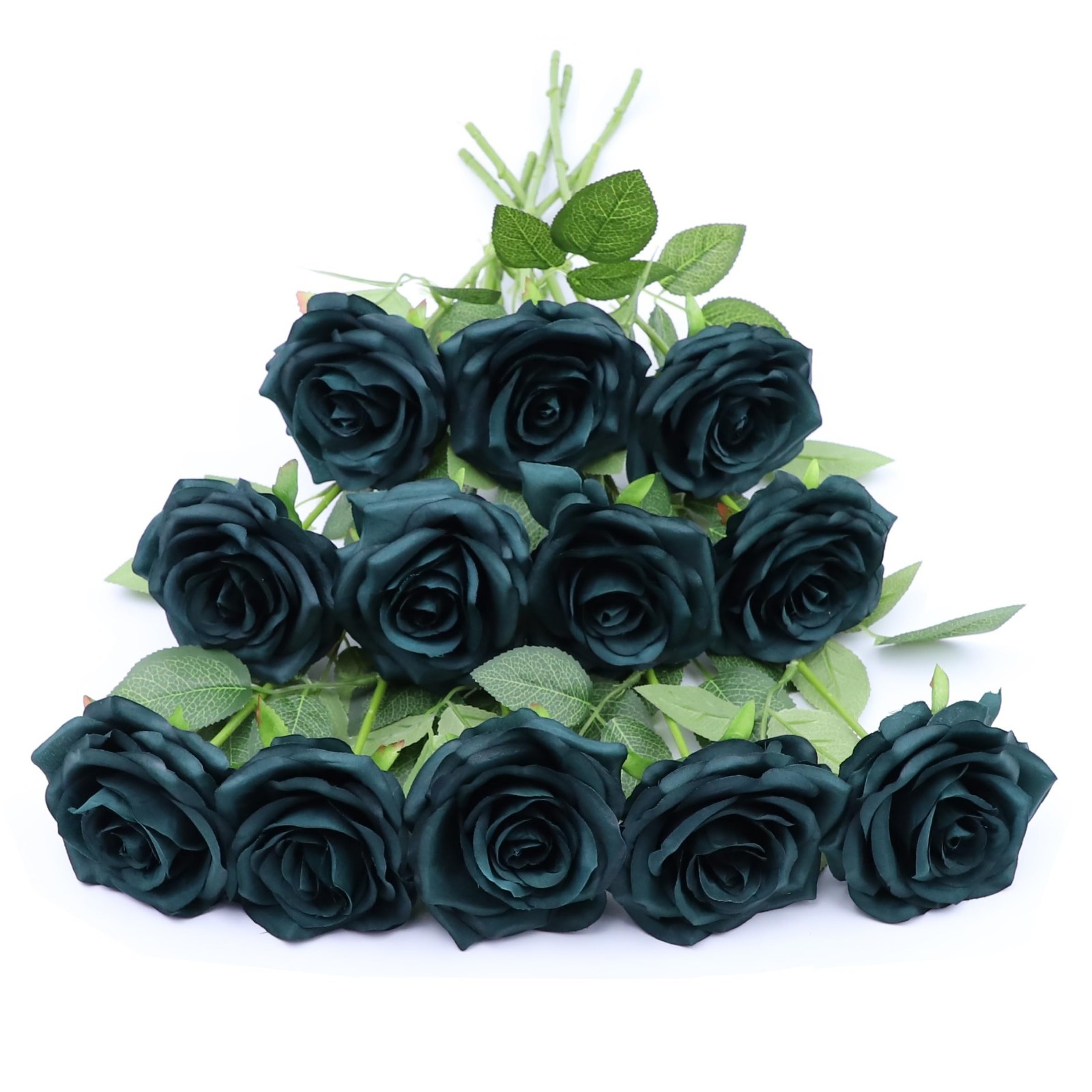 12 Emerald Green Artificial Silk Roses – Realistic Fake Flowers for DIY Wedding