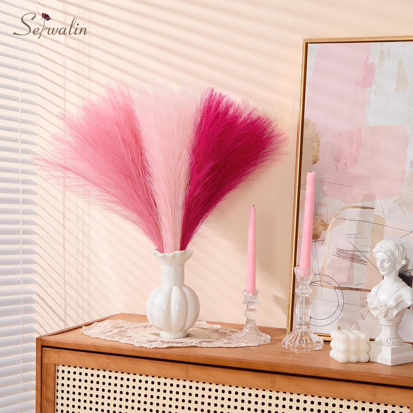 60Pcs Hot Pink & Blush & Pink Pampas Grass Decor, 17.7” Faux Pampas Grass, A…