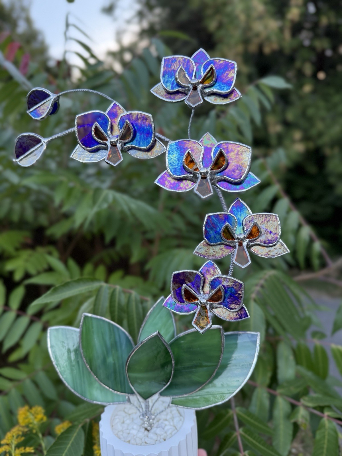 Stained Glass 3D Orchid indigo Iridescent, 5 Flowers In A Pot, Table Decor