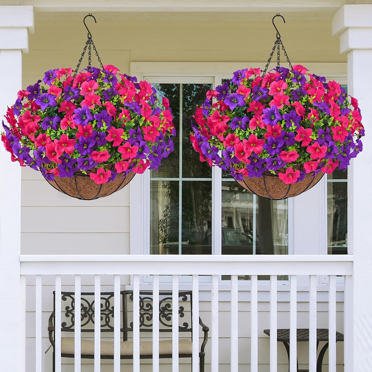 Realistic Artificial Hanging Flowers for Outdoors with Basket, 2 Set Large Size
