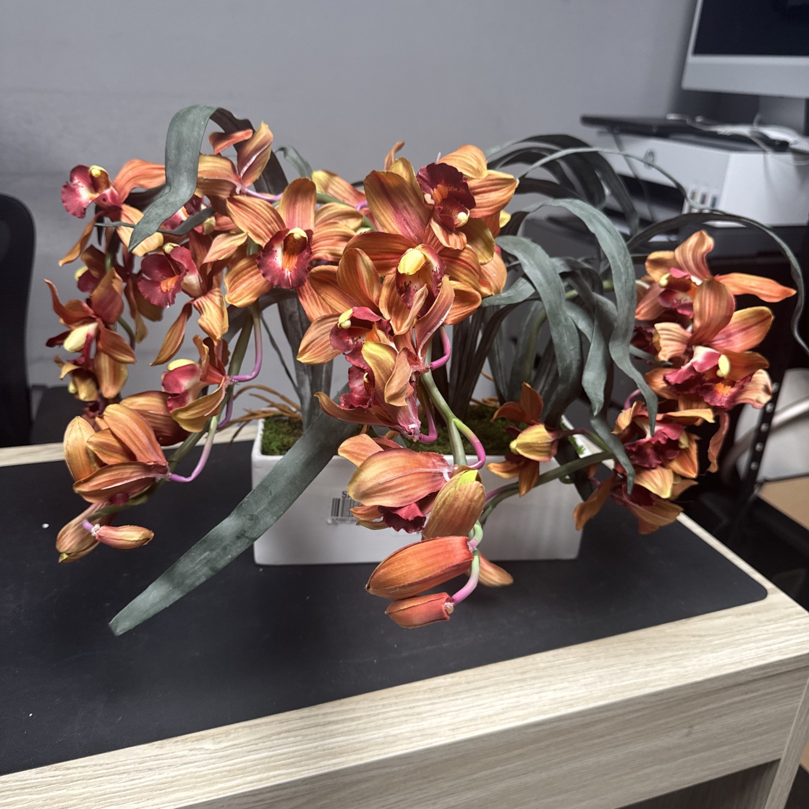 Nearly Natural Cymbidium Artificial Arrangement In White Vase Burgundy