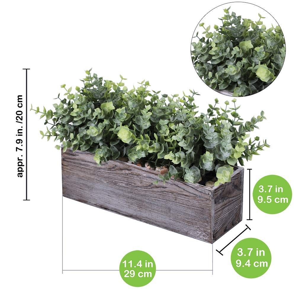 Faux Eucalyptus Plants in Rustic Rectangular Wood Planter Artificial Eucalypt…