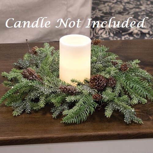 NEW PRIMITIVE CANDLE RING GLITTERING PINE CHRISTMAS FARMHOUSE 5.5″ x 15-16″W