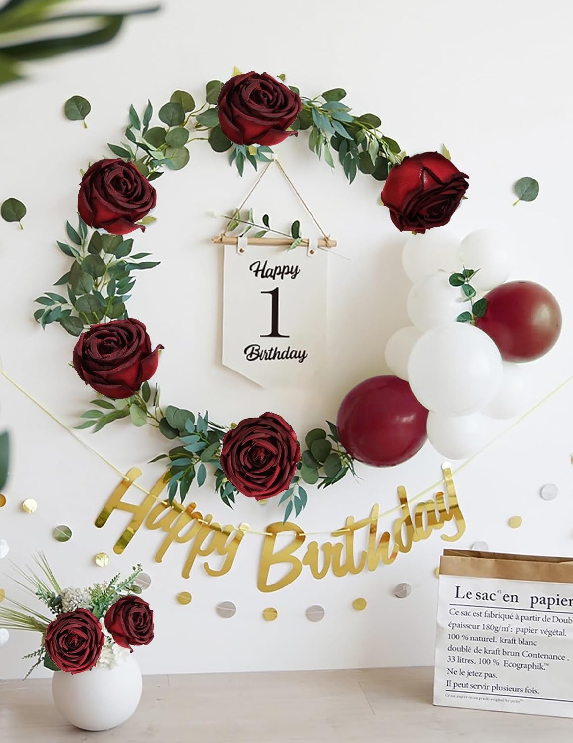 Fake Roses,16PCS Burgundy Flowers Artificial Silk Roses with Stems for Weddin…