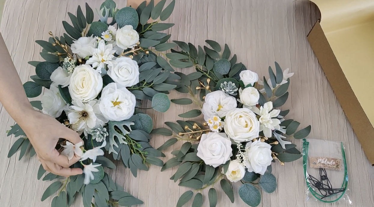 Faux Arch Flower Swag Set of 2 White Wedding Sign Decor Floral Silk Foam 26 Inch