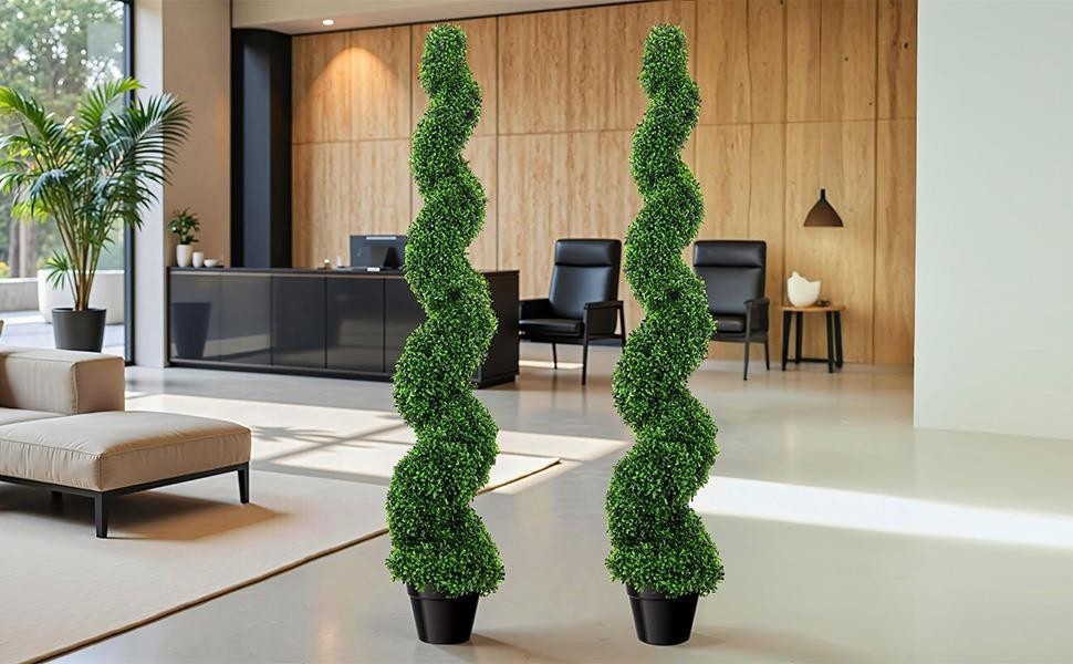 2-Pack Artificial Boxwood Spiral Trees 5 FT UV-Resistant Fake Plants w/ Pot