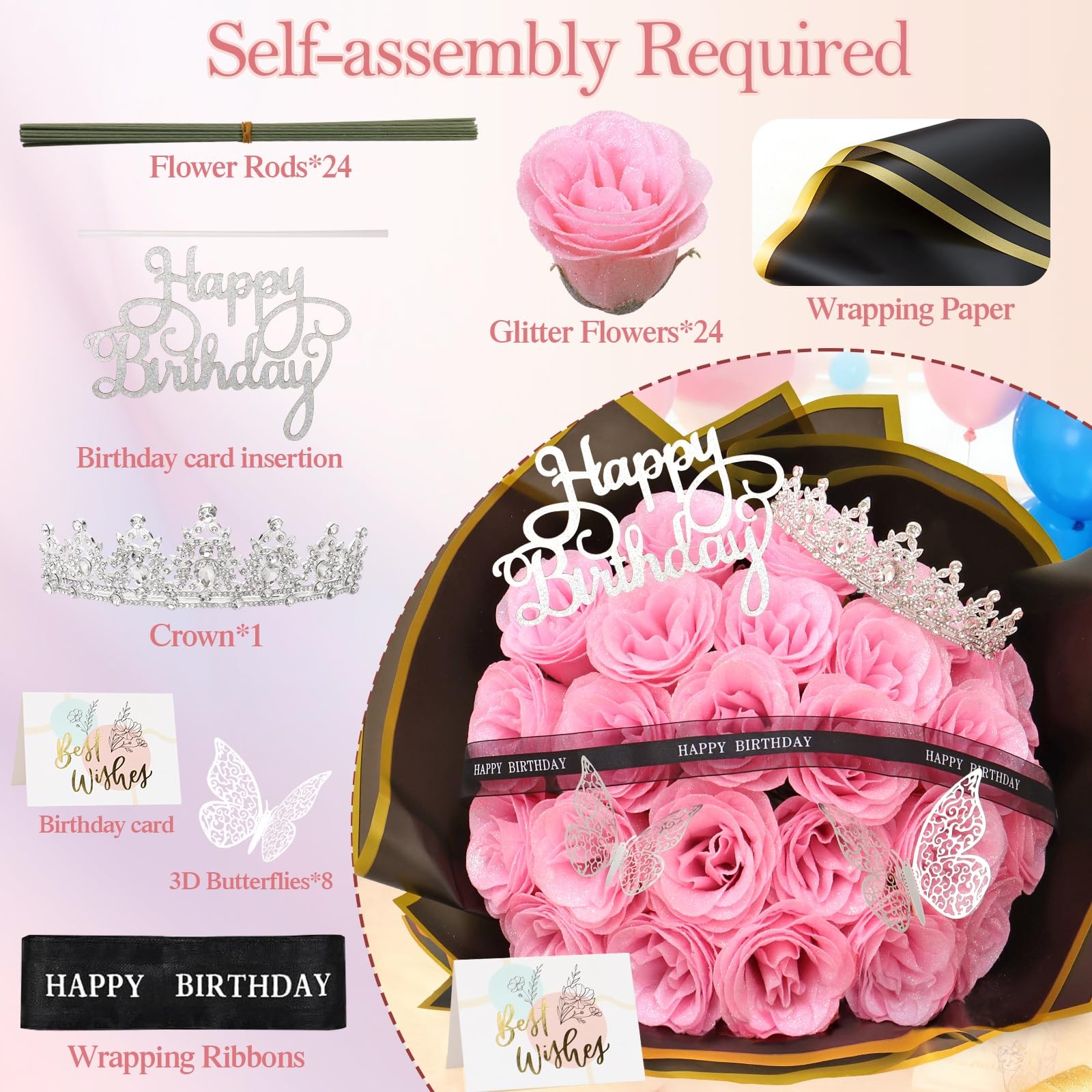 Glitter Roses Bouquet 24 Pink DIY Gift for Women Mom – Birthday Decor