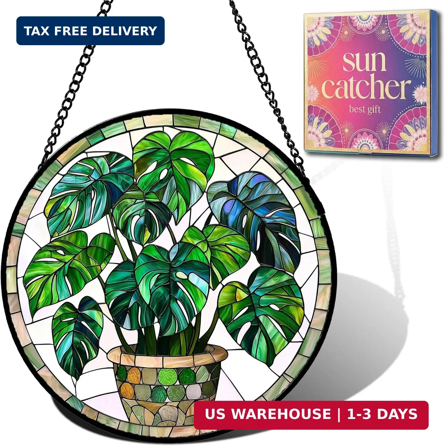 Birthday Gifts for Women – Green Monstera Plant Faux Stained Glass Window Hangin