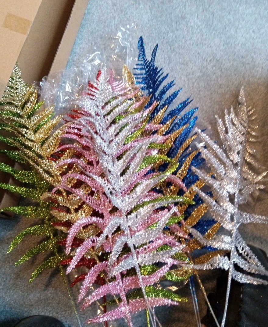 12 Pcs Ass Artificial Glitter Leaves 16″ Glittered Pink Green Blue Red Gold Sil