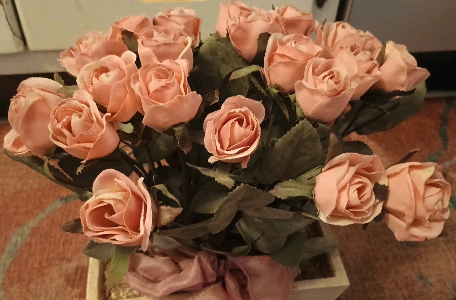 TOP DESIGNS Pink bud ROSES on stems in Resin Tan Rectangle planter FLORAL DECOR