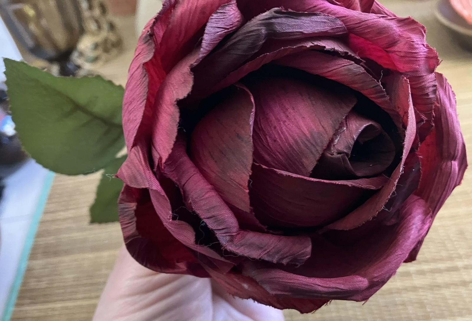 Vintage French 90’s Artificial Dark Red Cabbage ROSE Flower w/ Leaves, Long Stem
