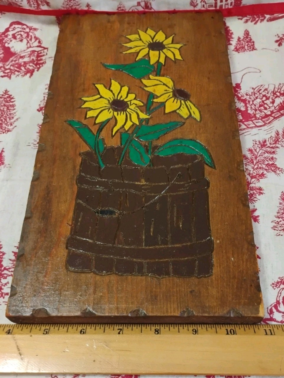 Vintage Carved Painted 3 Sunflowers Bucket Wall Art Primitive Farmhouse Rustic