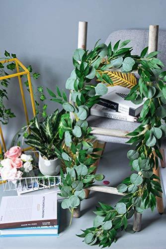 4 Packs 6.5 Feet Artificial Silver Dollar Eucalyptus Leaves Garland with Willow