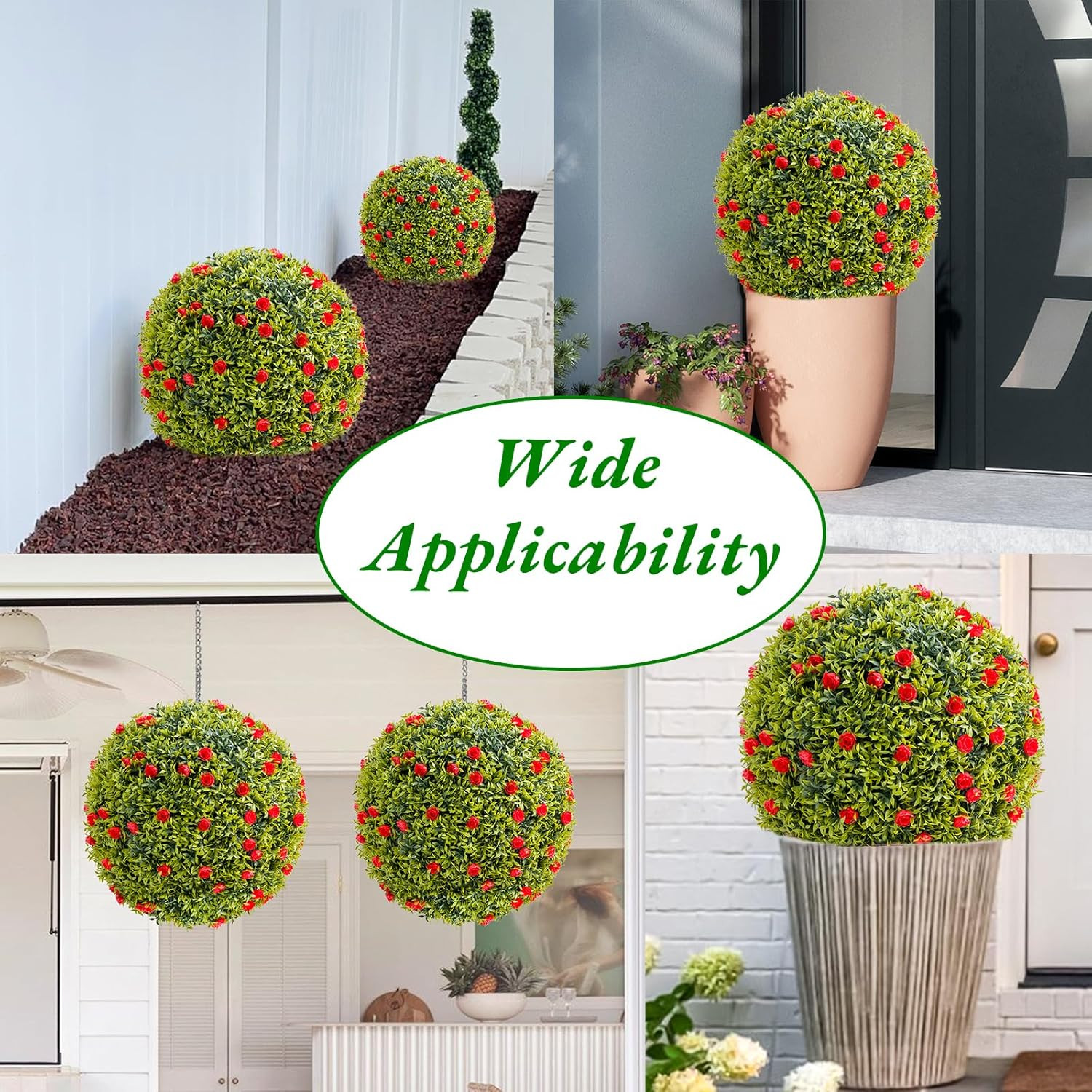 Set of 2 20.5″ Artificial Boxwood Topiary Balls with Red Flowers for Home Decor