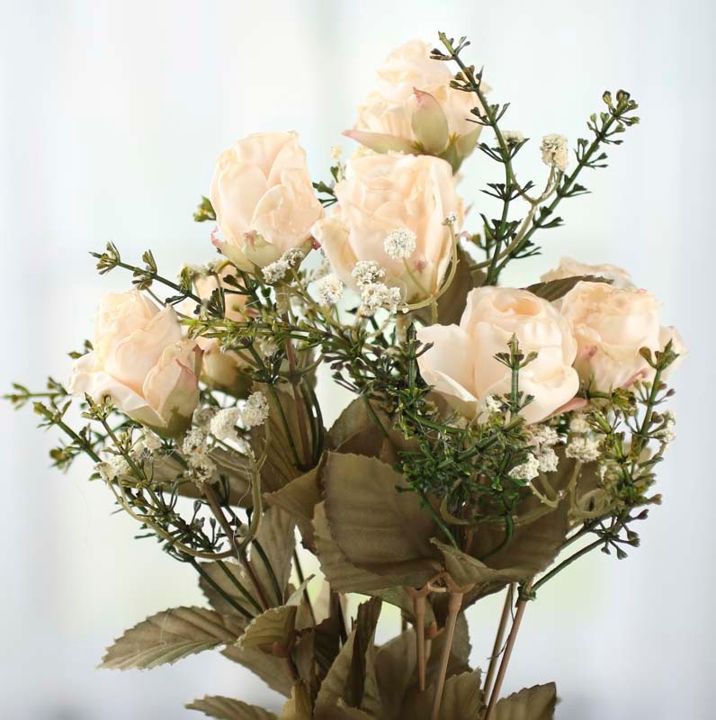 Factory Direct Craft Artificial Dried Pale Pink Antique Rose Bush for Home